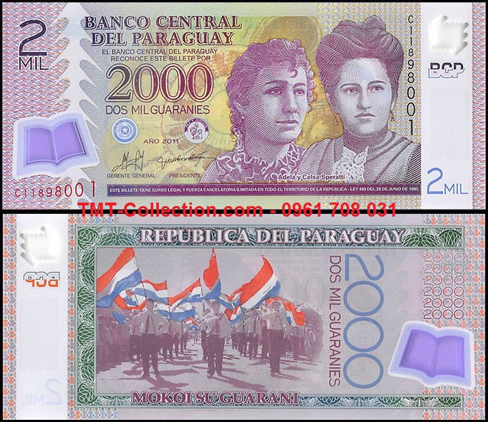 Paraguay 2000 Guaranies 2008 UNC Polymer (tờ)
