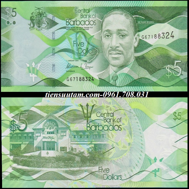 Barbados 5 Dollars 2018 UNC