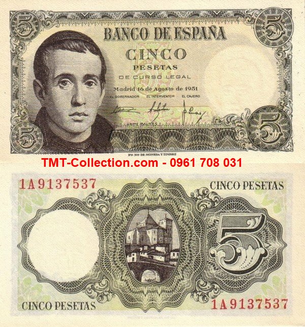 Spain - Tây Ban Nha 5 Pesetas 1951 UNC