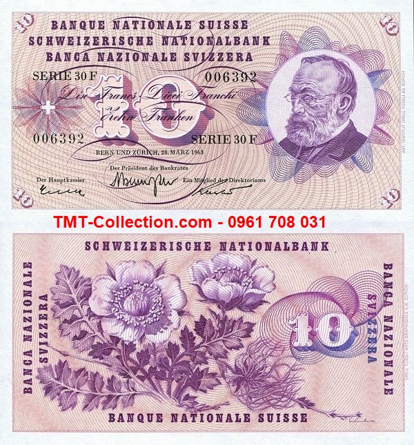 Switzerland - Thụy Sĩ 10 Francs 1963 cũ 