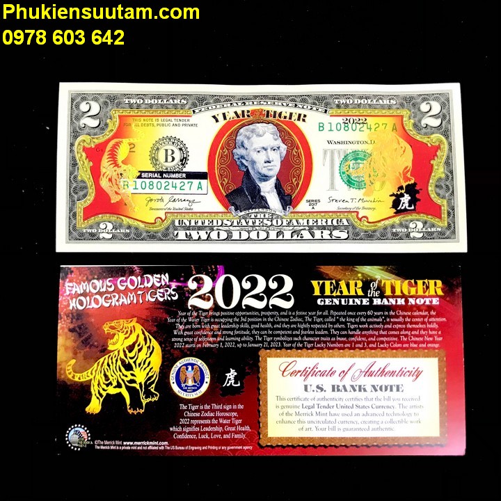 Tiền 2 USD Hình Con Cọp Mạ Vàng 2022 - Phukiensuutam.com