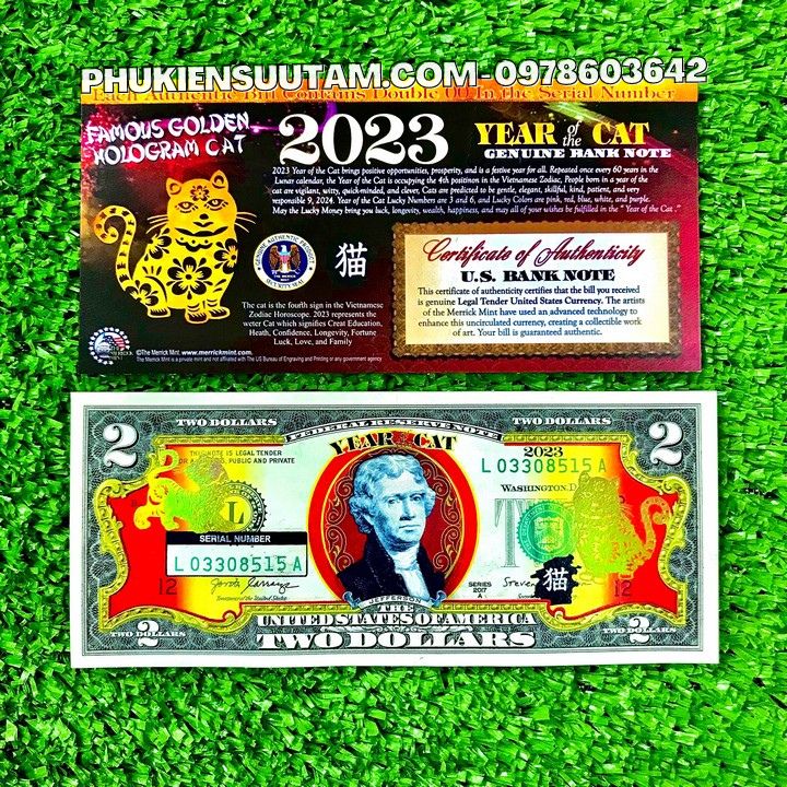 Tiền 2 USD Hình Con Mèo Mạ Vàng 2023 (Mẫu 2 Mèo Đứng) - Phukiensuutam.com