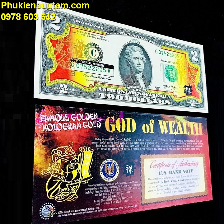 Tiền 2 USD Thần Tài Mạ Vàng - Phukiensuutam.com