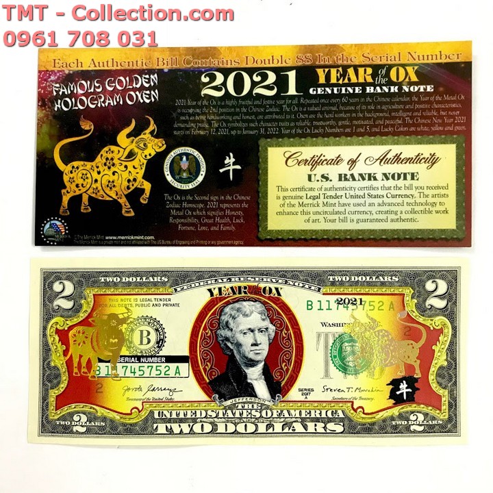 Tiền 2 USD Con Trâu Mạ Vàng - TMT Collection.com