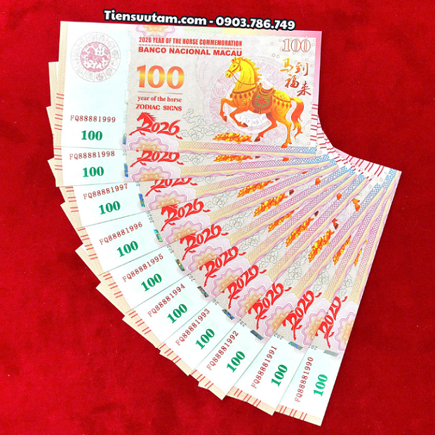 Tiền Lì Xì 100 Dola Macao Hình Con Ngựa 2026 Seri Năm Sinh