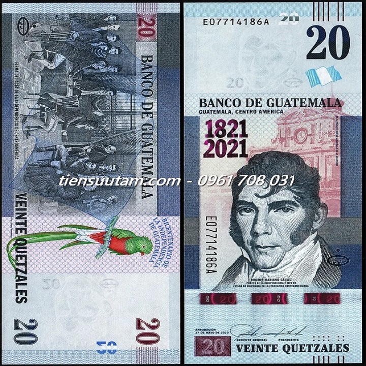 Guatemala 20 Quetzales 2021 UNC Kỷ Niệm 200 Năm Độc Lập