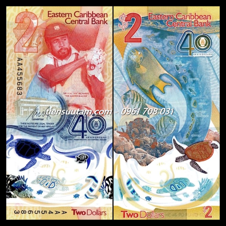 Caribbean 2 Dollar 2023 Polyme UNC Kỷ Niệm 40 Năm Ngân Hàng