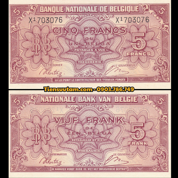 Belgium-Bỉ 5 Frances 1 Belga 1943 XF