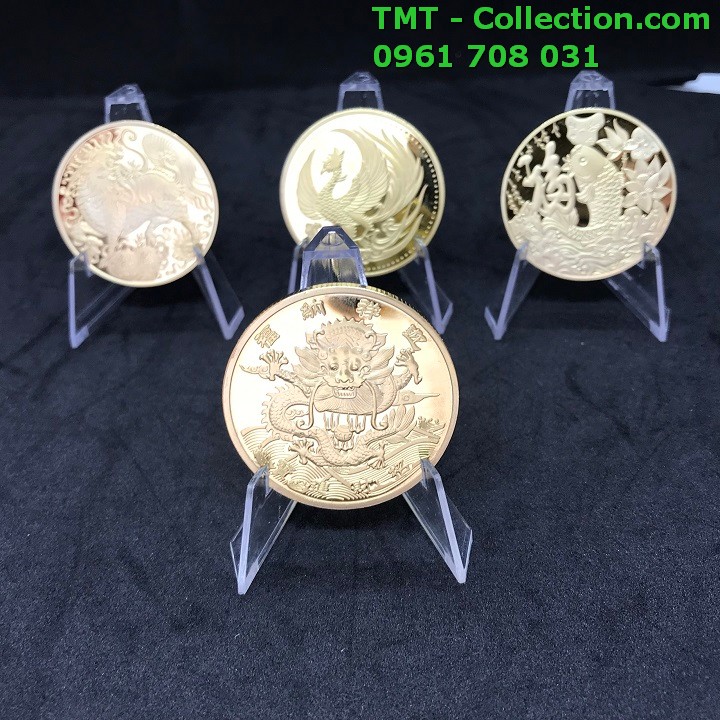 Combo 4 xu tứ linh Rồng Phụng Lân Cá Chép tặng túi gấm - TMT Collection.com