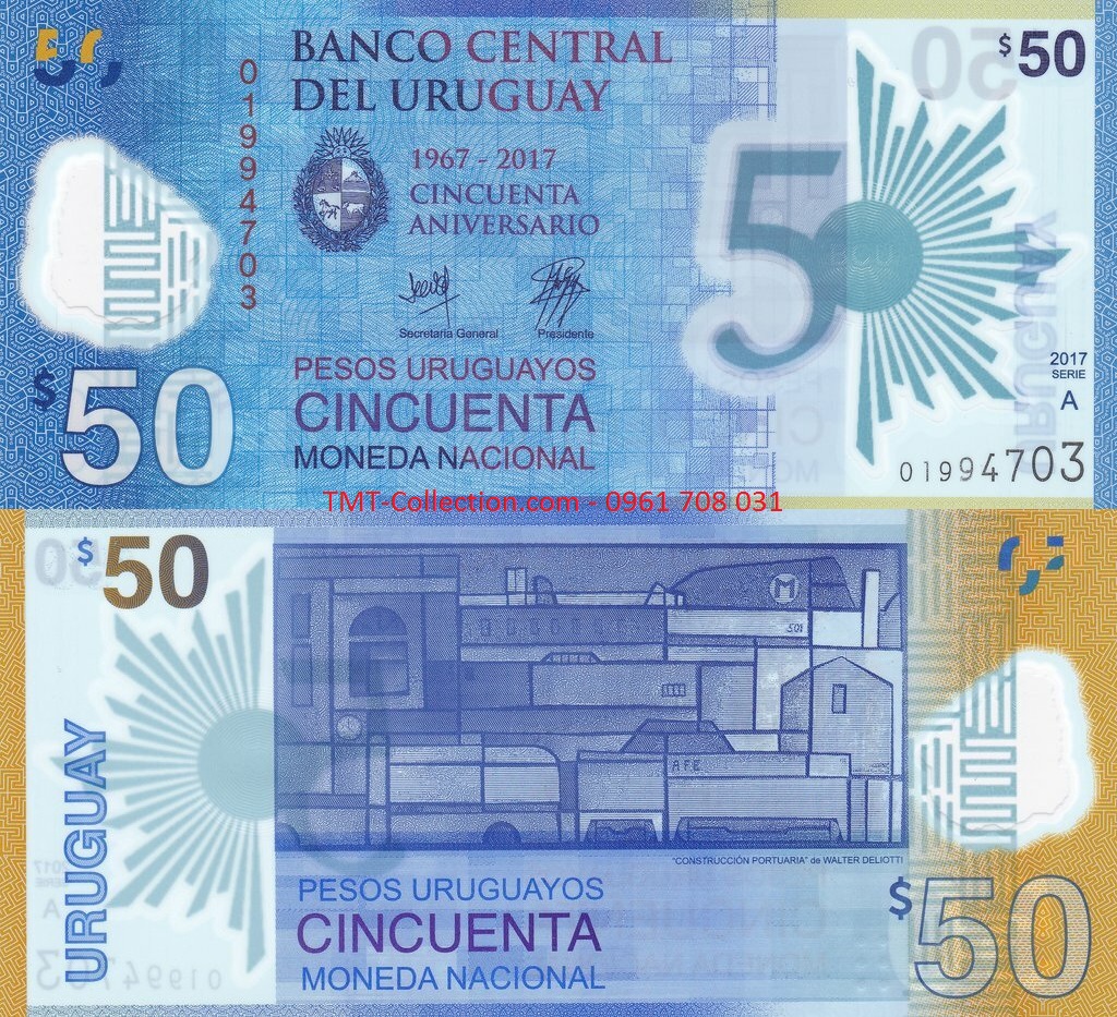 Uruguay 50 Pesos 2017 UNC Kỷ niệm 50 năm thành lập ngân hàng (tờ)