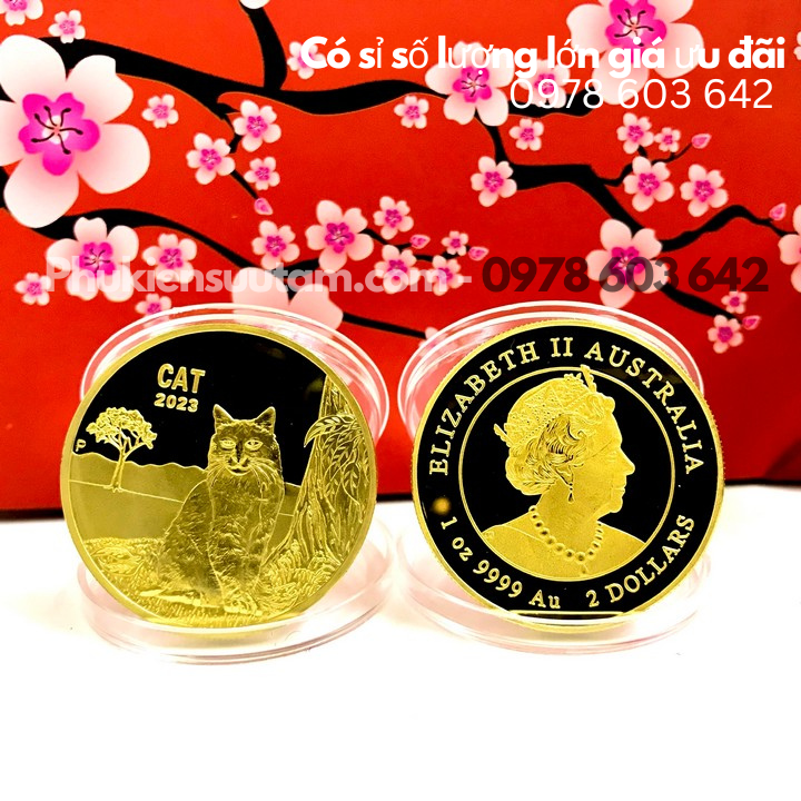 Xu Úc Hình Con Mèo Mạ Vàng tặng túi gấm Lộc - Phukiensuutam.com