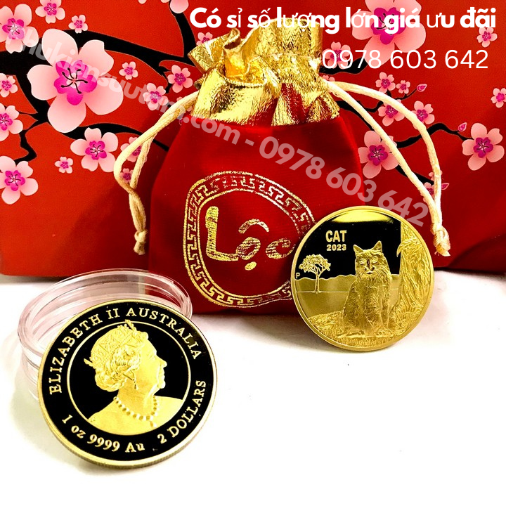 Xu Úc Hình Con Mèo Mạ Vàng tặng túi gấm Lộc - Phukiensuutam.com