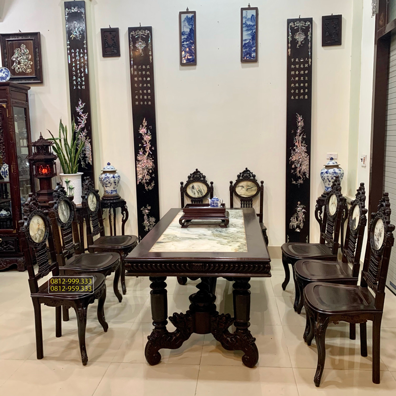 bộ bàn ghế ăn 8 ghế gỗ gụ