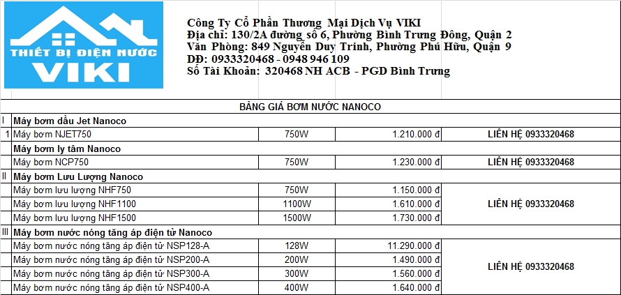 bảng giá máy bơm Nanoco