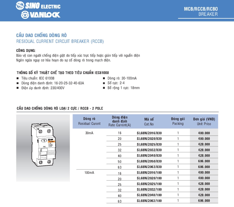 CB chống giật Sino Vanlock RCCB
