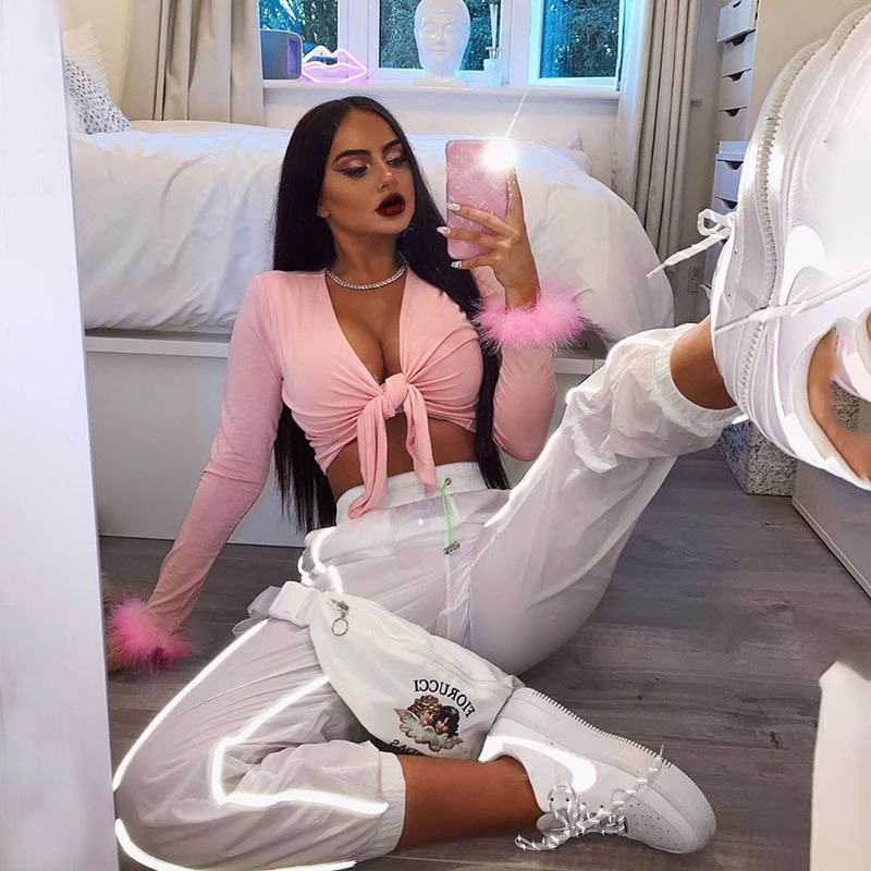 Áo Croptop dài tay lông cổ tay buộc ngực