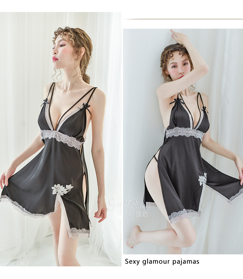 Váy ngủ lụa xẻ hoa ren chân ngực Quảng Châu cao cấp