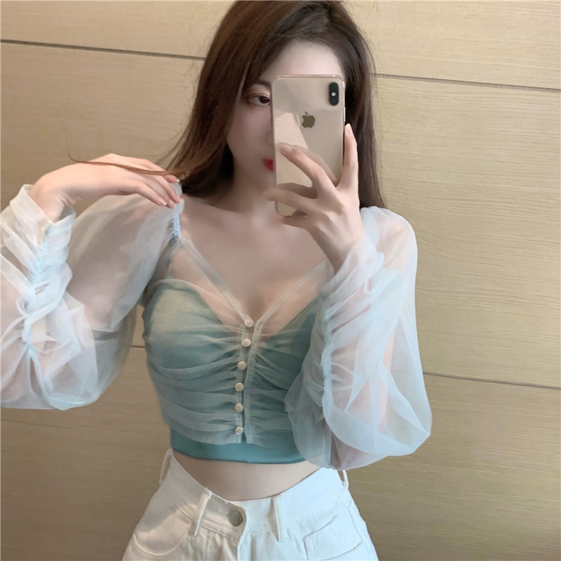 Áo Croptop 2 dây mút ngực kèm áo ren mỏng