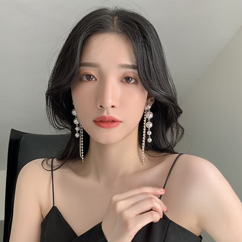 Khuyên tai bạc dài ngọc trai