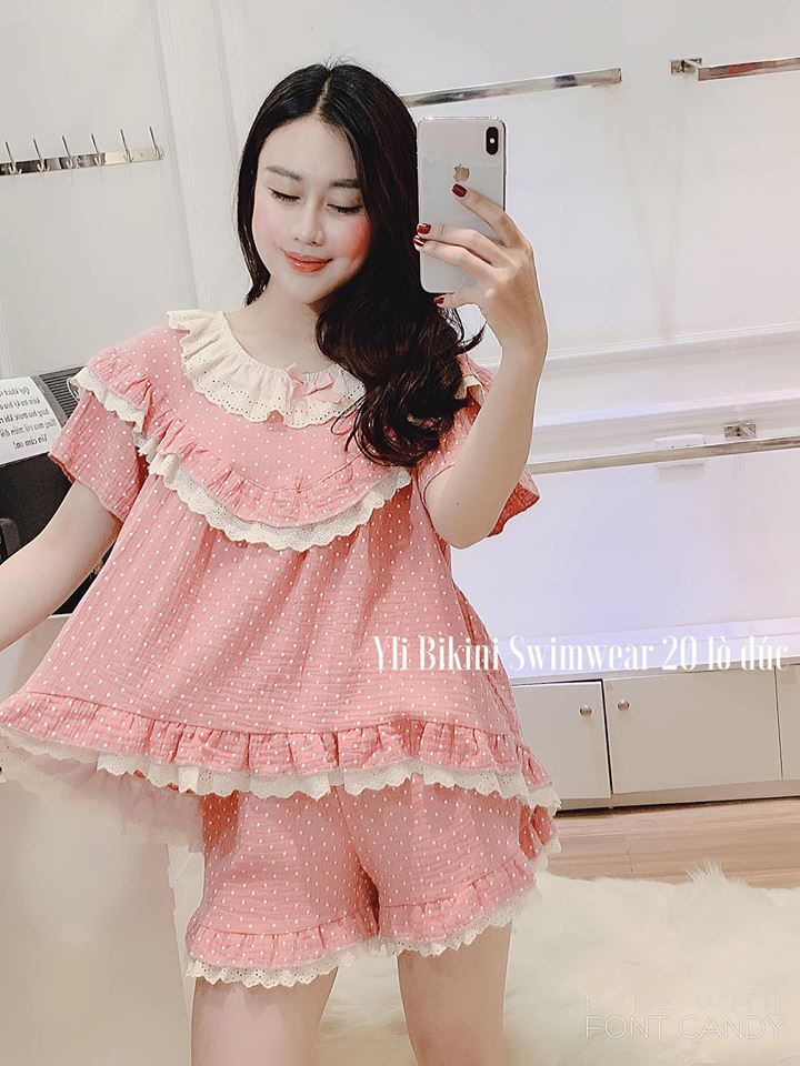 pijama cộc tay màu hồng