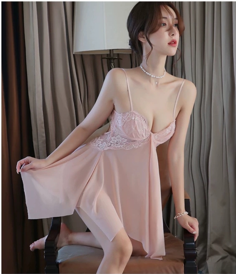 Váy ngủ xẻ ngực voan ren có gọng
