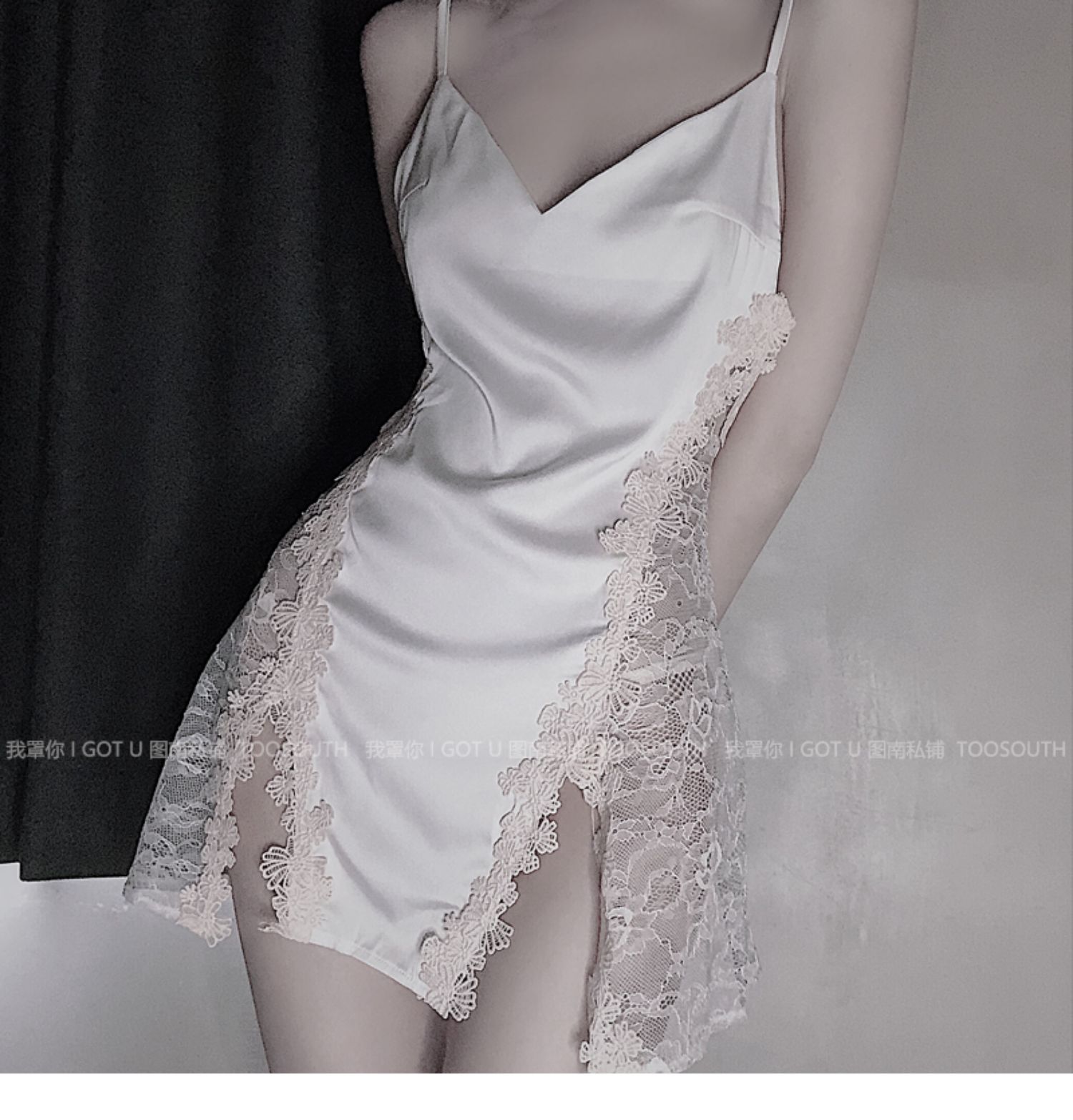 Váy ngủ lụa Quảng Châu ren sọc tam giác