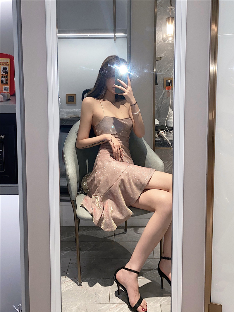 Váy 2 dây nhũ be nâu đi tiệc Quảng Châu