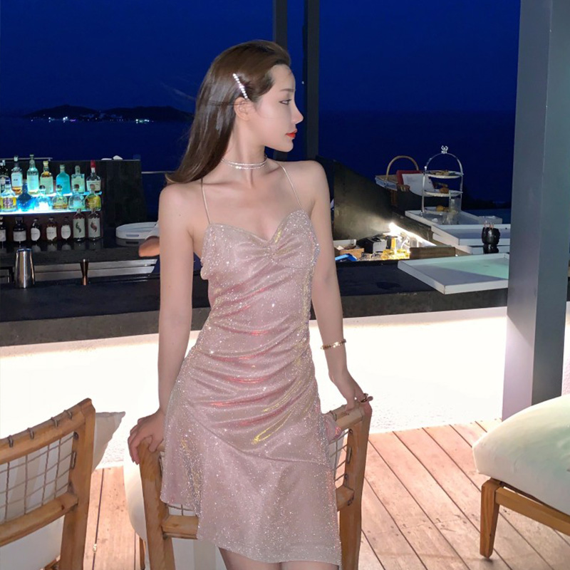 Váy 2 dây nhũ be nâu đi tiệc Quảng Châu