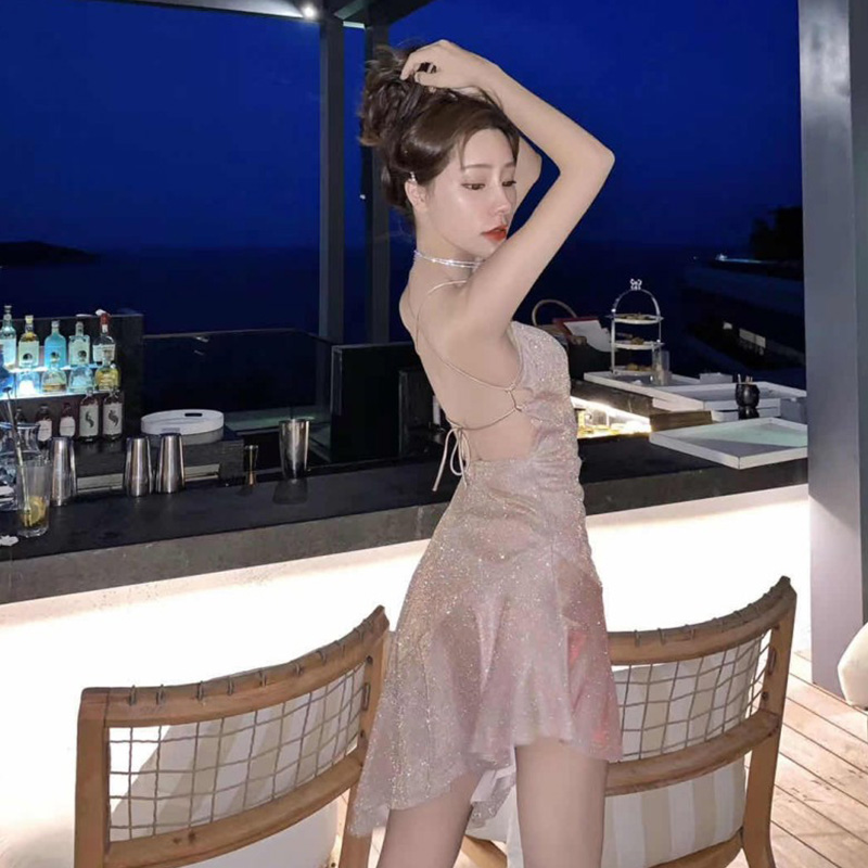 Váy 2 dây nhũ be nâu đi tiệc Quảng Châu