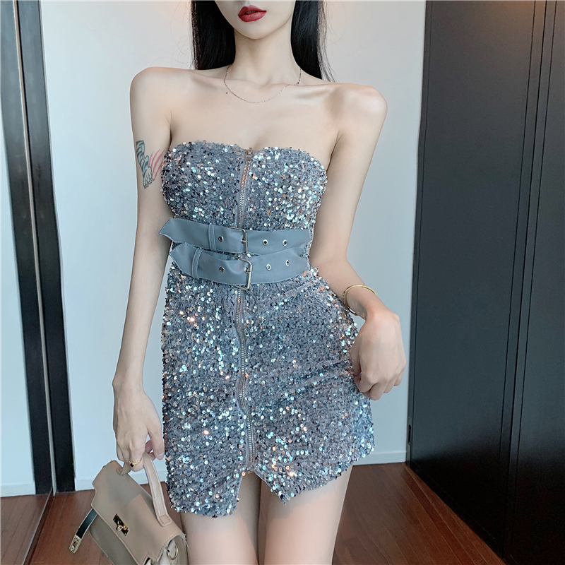 Váy body đi tiệc óng ánh kèm đai thắt Quảng Châu cao cấp