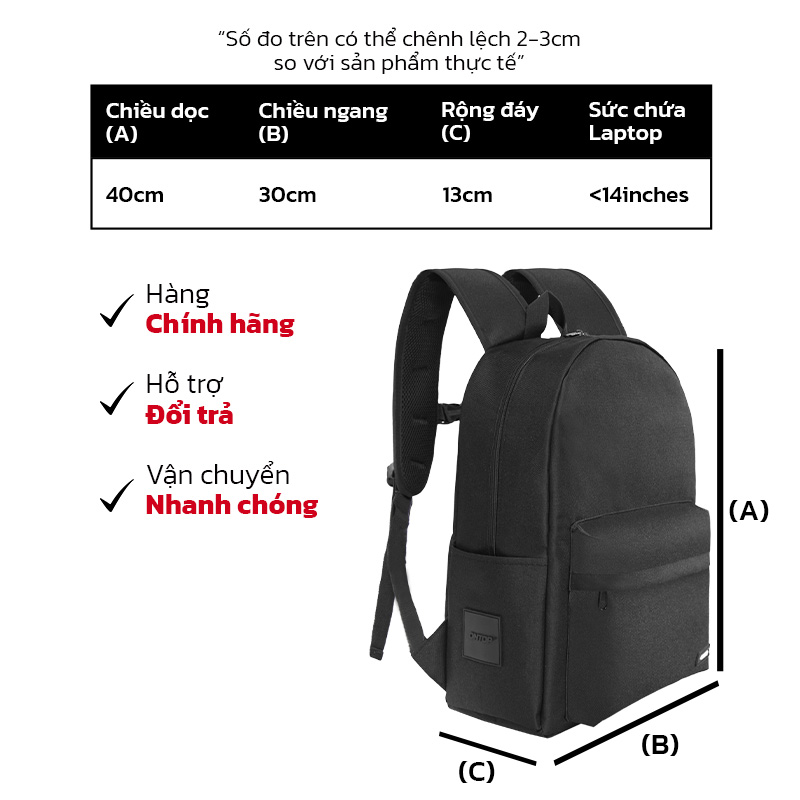 Balo đi học local brand ONTOP vải canvas đen trơn