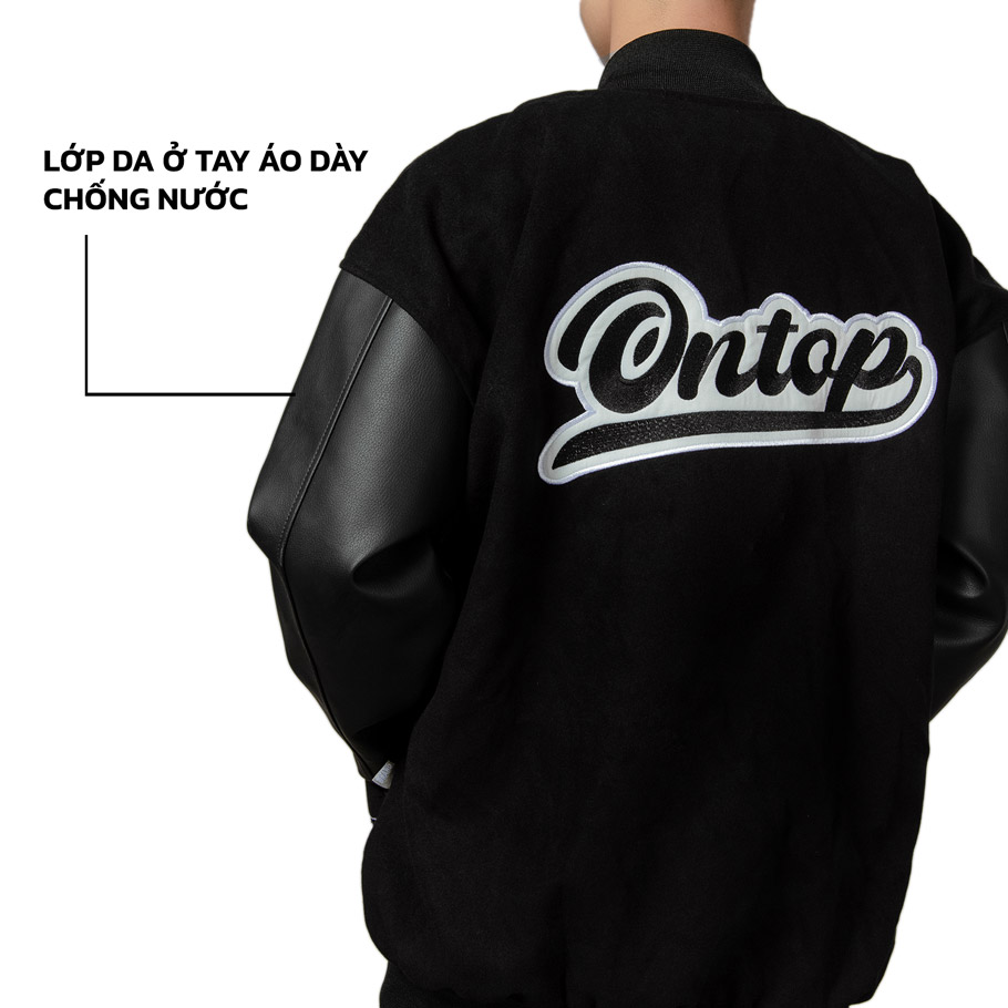 áo varsity jacket local brand ontop vải dạ, tay da màu đen