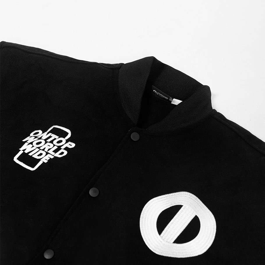 áo varsity jacket local brand ontop vải dạ, tay da màu đen