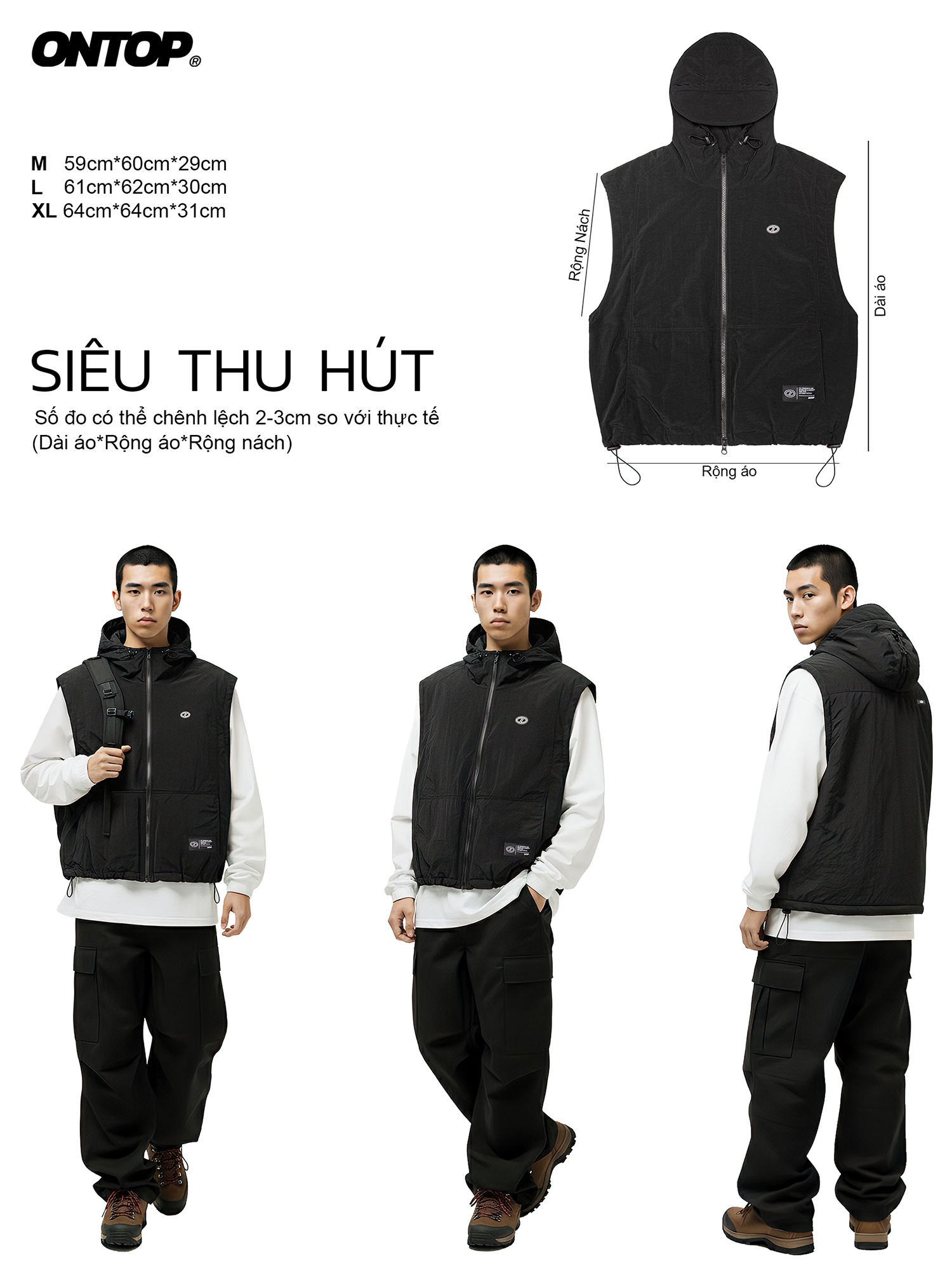 Áo gile nam có mũ ONTOP Nylon Hooded Vest O-AK1