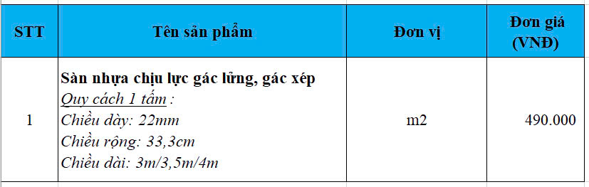 Báo giá sàn nhựa chịu lực gác lửng gác xép tại Hà Nội