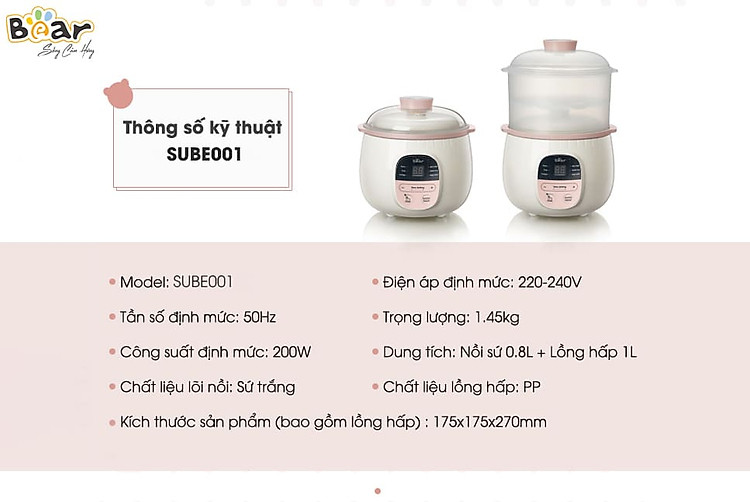 Nồi Nấu Chậm Đa Năng Bear Sube001 0,8L Phiên Bản Quốc Tế