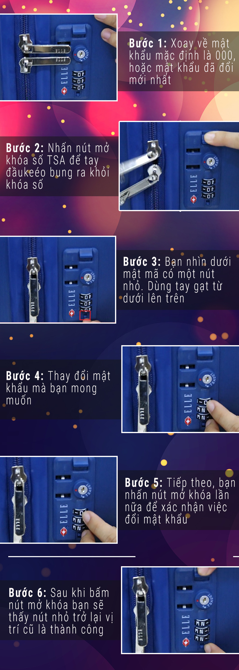 Hướng dẫn cách đổi mật khẩu khóa số TSA cho vali ELLE