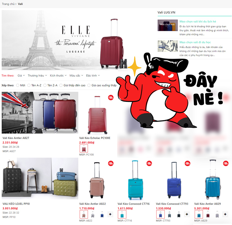 Bộ lọc giúp bạn dễ dàng tìm vali, balo yêu thích