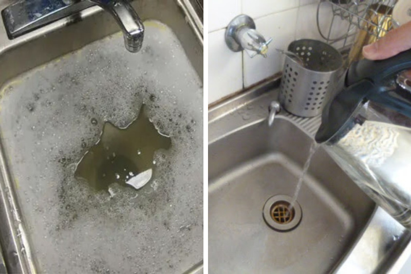 Mẹo dùng hỗn hợp backing soda, giấm, muối giúp làm thông bồn rửa chén bị tắc nước