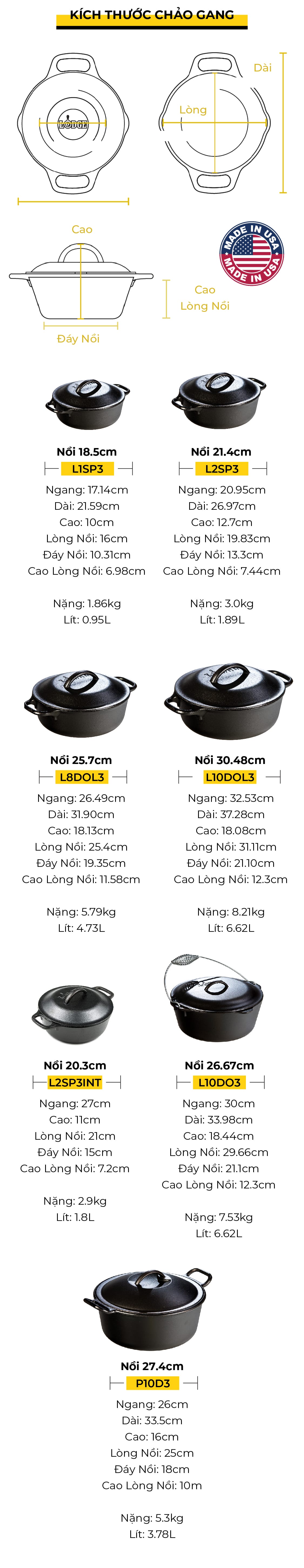 Nồi gang LODGE có quai xách - 26.67cm - 6.62L