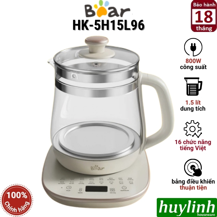 Ấm đun nước - Bình pha trà đa năng Bear HK-5H15L96 - 16 chức năng tiếng Việt - 1.5 lít