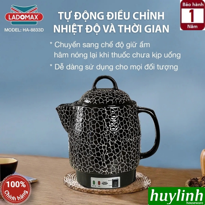 Ấm sắc thuốc điện Ladomax HA-8833D - 3.3 lít - Có chuông báo - 2 chế độ nấu 2