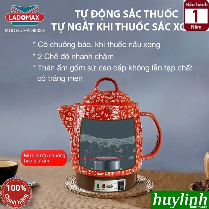 Ấm sắc thuốc điện Ladomax HA-8833D - 3.3 lít - Có chuông báo - 2 chế độ nấu 3