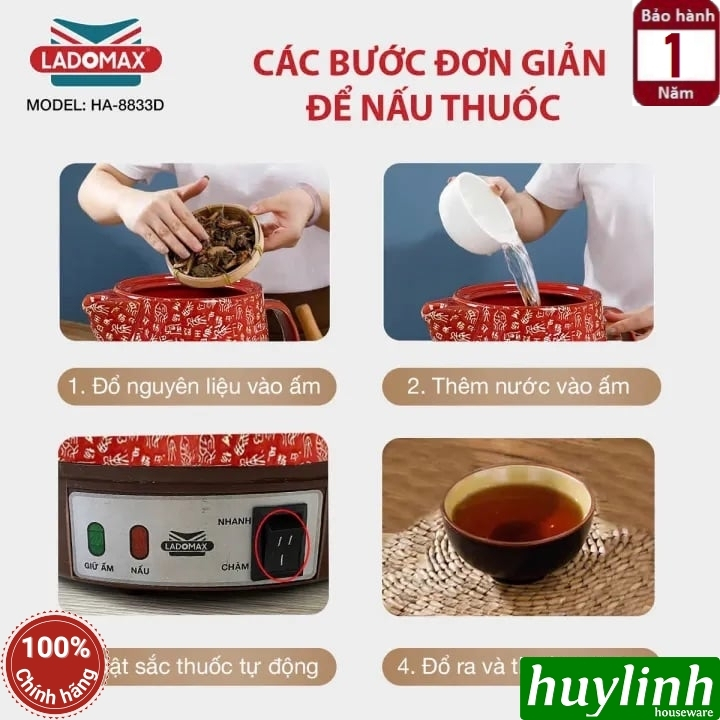 Ấm sắc thuốc điện Ladomax HA-8833D - 3.3 lít - Có chuông báo - 2 chế độ nấu 4