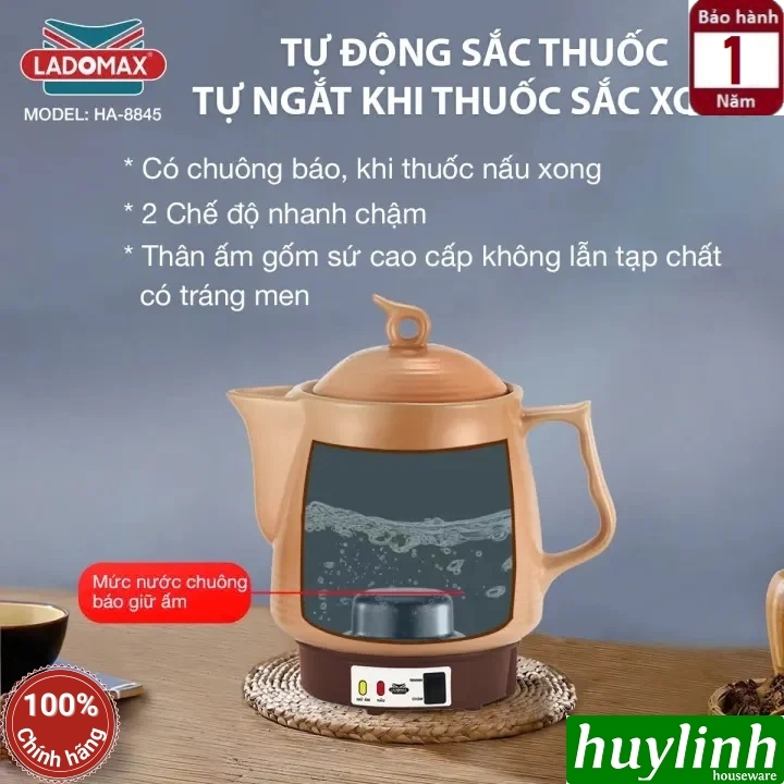 Ấm sắc thuốc điện Ladomax HA-8845 - 4.5 lít - Có chuông báo - 2 chế độ nấu 4
