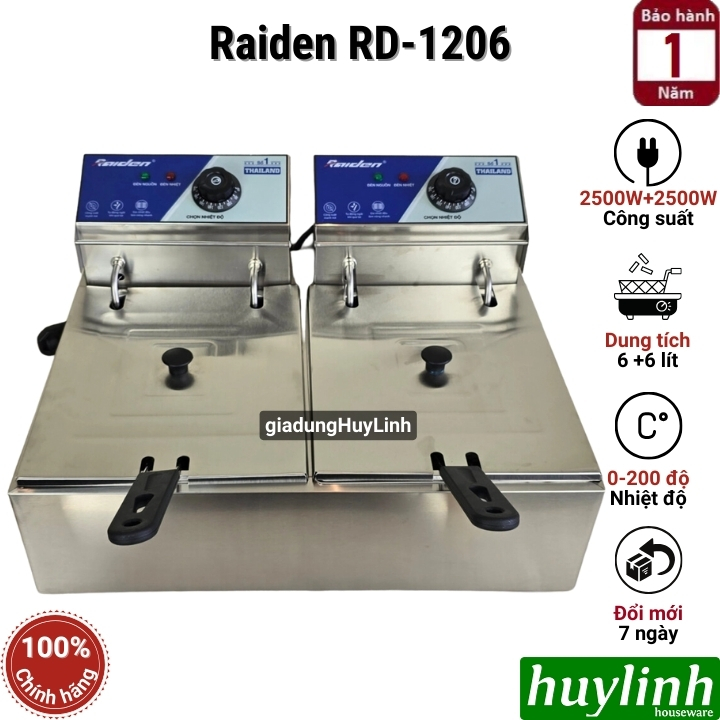 Bếp chiên nhúng đôi ngập dầu Raiden RD-1206 - Dung tích 6 + 6 lít - BH 12 tháng