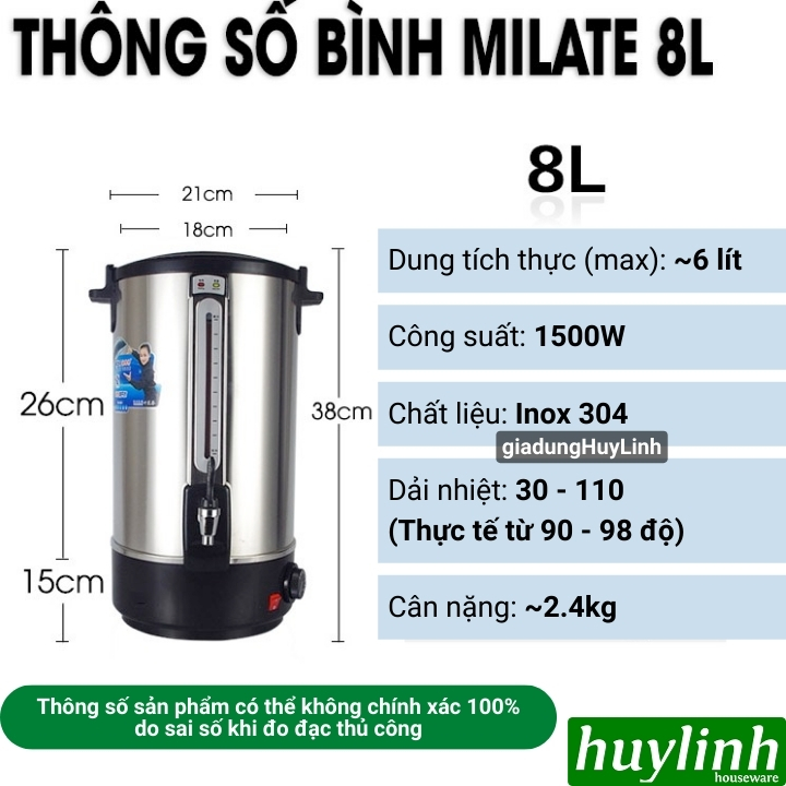 Bình đun nước nóng Milate dung tích 8 lít - 10 lít - 12 lít - 16 lít - 20 lít - Inox 304 cao cấp