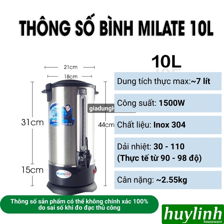 Bình đun nước nóng Milate dung tích 8 lít - 10 lít - 12 lít - 16 lít - 20 lít - Inox 304 cao cấp 2