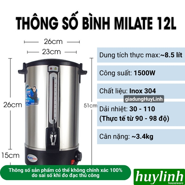 Bình đun nước nóng Milate dung tích 8 lít - 10 lít - 12 lít - 16 lít - 20 lít - Inox 304 cao cấp 3