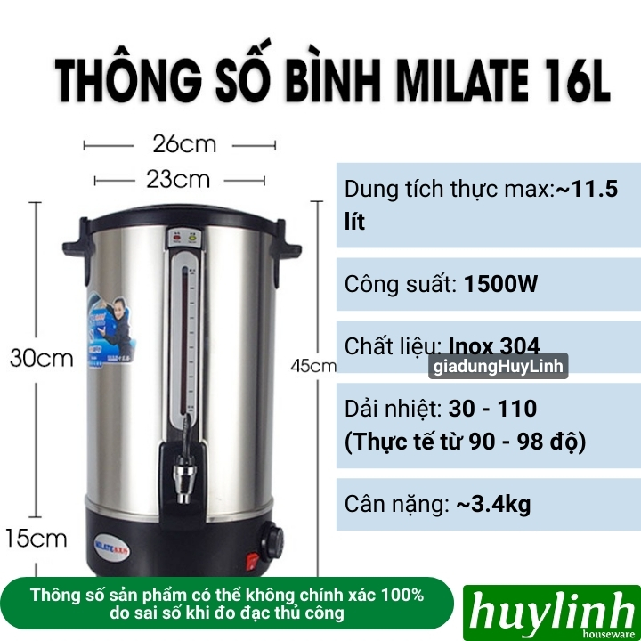 Bình đun nước nóng Milate dung tích 8 lít - 10 lít - 12 lít - 16 lít - 20 lít - Inox 304 cao cấp 4